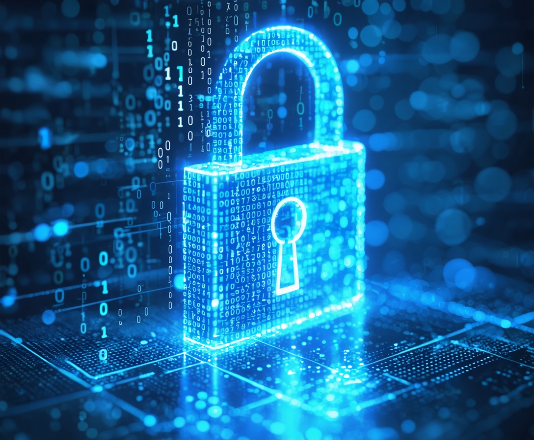 Синий замок на фоне бинарного кода