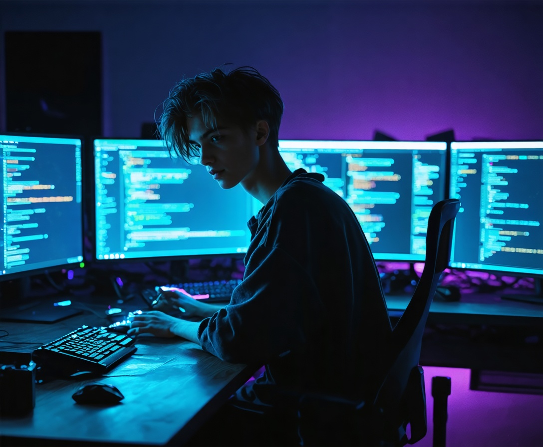 Студент за программированием в темной комнате с неоновой подсветкой